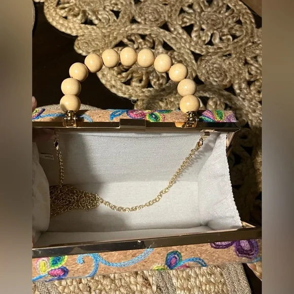 Embroidered Floral Cork Top-Handle Bag - Picture 2 of 6